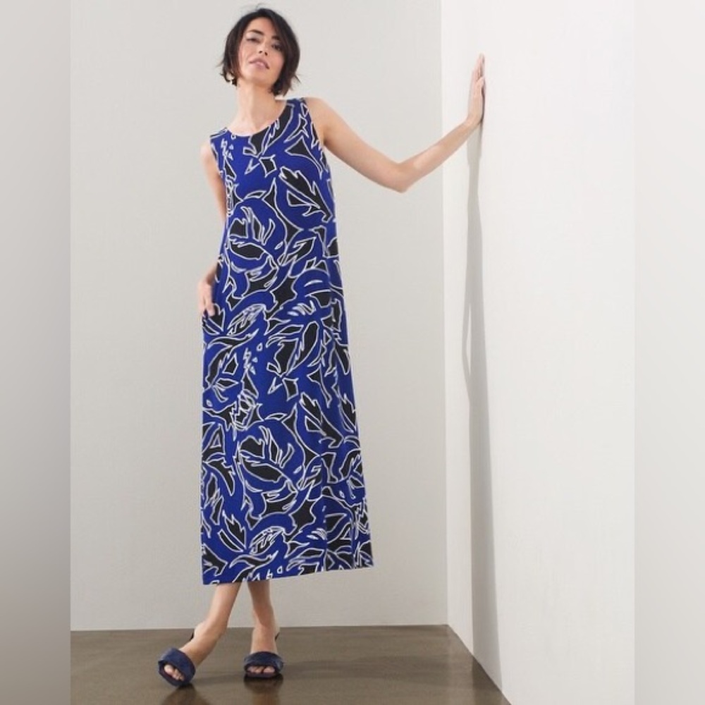 Chico’s Travelers A Line Sleeveless Maxi Dress Blue, Black and White Size L